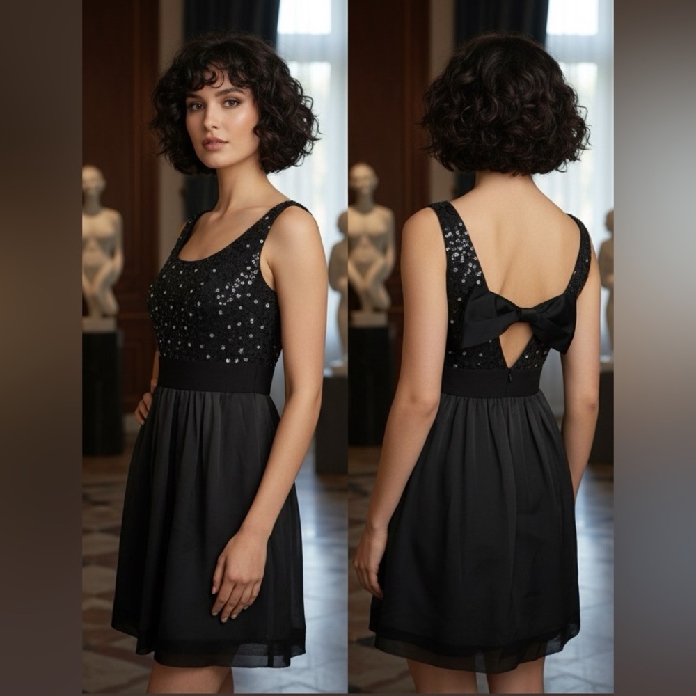 Phoebe Couture Black Silk Bow Back Sequin Dress